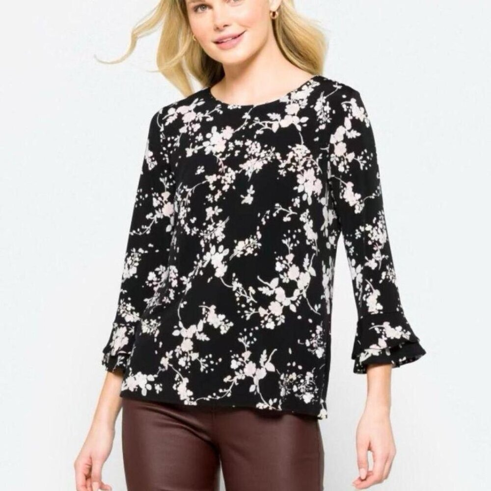Karl Lagerfeld Black Floral Trumpet Sleeve Blouse Small